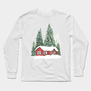 Christmas winter trees with red house. Long Sleeve T-Shirt